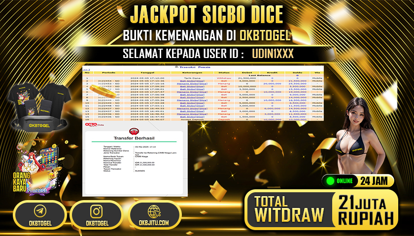 OKBTOGEL JACKPOT SICBO DICE RP. 21.000.000,- LUNAS USER  ID UDIN1***